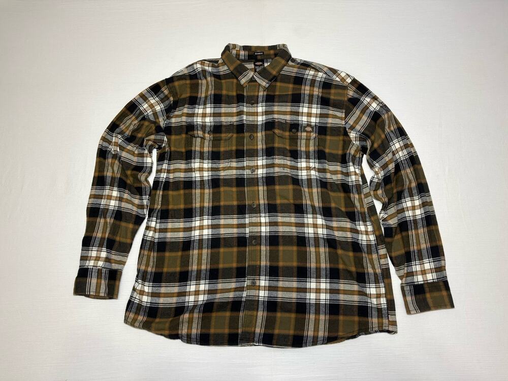 Dickies Flannel Shirt Men's XL Brown Plaid Relaxed Button Up Long Sleeve Dress